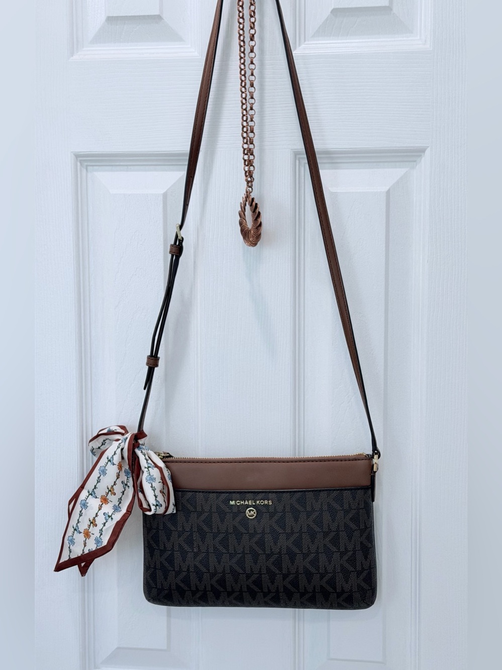 Michael Kors Black and Brown MK Signature Crossbody with Scarf Accent& necklace